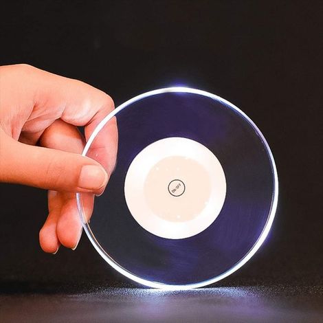1 sous-verre lumineux rond LED, diamètre 13 cm, épaisseur 0,3 cm, polystyrène transparent, pile CR1620, usage bar café maison (1/5)