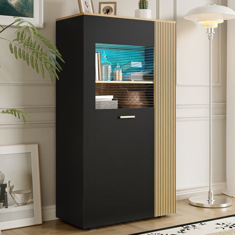 REDOM Meuble de rangement 80x40x146 cm LED 16 couleurs Panneau de particules noir et naturel
