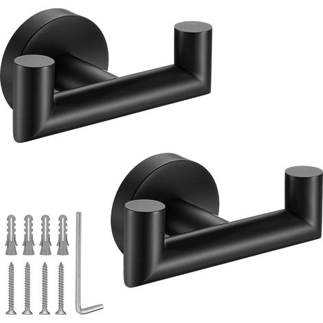 Paquete de 2 ganchos dobles para toallas de pared, de acero inoxidable SUS304 negro mate y alta resistencia. (1/5)