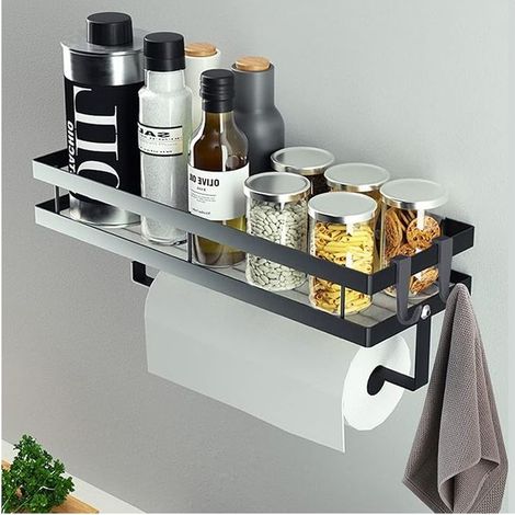 Étagère à épices murale sans perçage,etagere rangement,étagère à épices suspendue avec porte-rouleau de cuisine et 4 crochets amovibles, etagere cuisine, 35 cm Noir (1/5)
