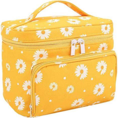 Trousse de maquillage pour femme, grande trousse à cosmétiques avec poignée, trousse de rangement pour maquillage pour fille avec porte-pinceaux, motif marguerite (1/5)