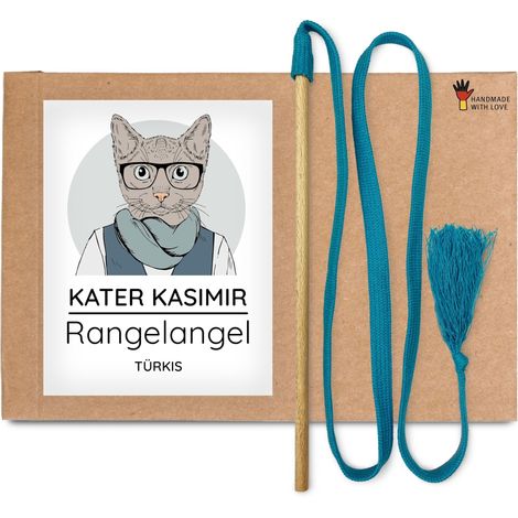 canne à chat en matériau naturel avec tige en bois de hêtre et cordon en coton turquoise. Jouet robuste pour chat fabriqué à la main (1/5)