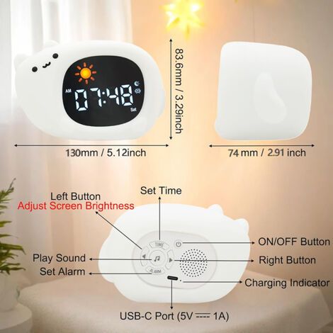 Sveglia digitale per bambini, 2 allarmi, 10 luci colorate, funzione di apprendimento, display notte/giorno, luminosità regolabile, motivi gatti, 10 melodie (1/4)