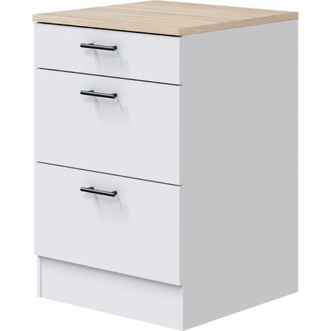 Módulo Bajo Kira de Cocina Estilo Moderno en Blanco Brillo y Roble Canadian con 3 Cajones y Tiradores Negros 60x90x60 cm (1/5)