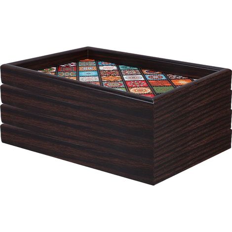 4pièces Plateau Bois Décoratif Bohème Rectangulaire avec Motifs Floraux pour Rangement sur Table Basse ou Pouf (1/5)