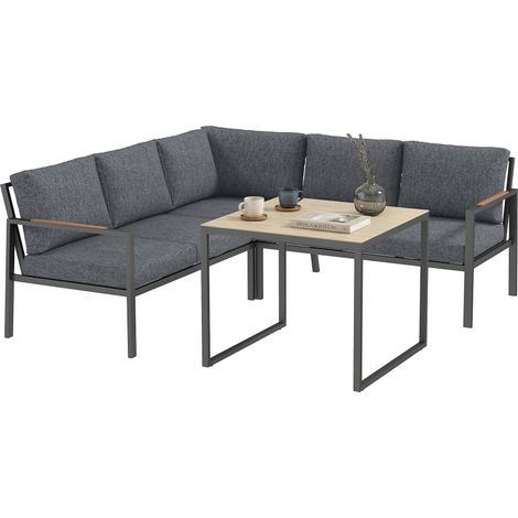 3-teiliges Gartenmöbelset für 5 Personen, 2 Sofas mit dicken Kissen, Couchtisch 183x183x72cm, dunkelgrau