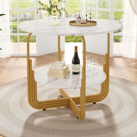 Table à manger ronde 80cm - effet marbre avec étagère centrale et pied en métal - table de cuisine moderne pour 4-6 personnes - Design élégant