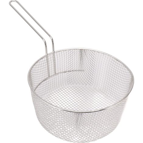 Panier à frire rond en fil métallique, panier à frire en acier inoxydable de 23,1 cm avec longue poignée en treillis métallique rond Poisson Friture Servir Plats Présentation (Poignée Sans Caoutchouc) (1/5)