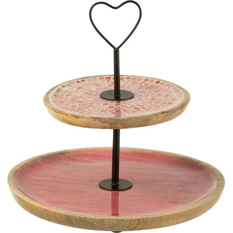 Présentoir 2 Étages Mosaïque Cœur en Bois "Freddy" 30cm Rose (1/2)