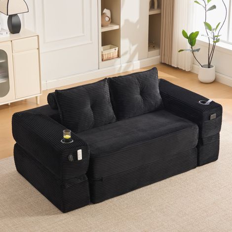 Canapé-lit pliable 180x98x80 cm noir en velours côtelé avec mousse haute densité, ressorts, poches latérales et porte-gobelet (1/5)