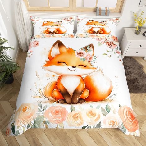 Housse de Couette Enfant 140x200 Enfants Mignon Renard,Parure de Lit Kawaii Animaux,Sets de Housses de Couettes Pétal de Rose de Jardin,Couvre Lit Femmes Cartoon Wildlife (1/5)