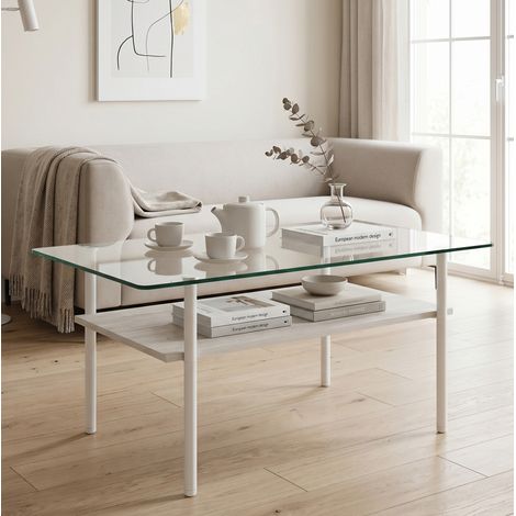 Tavolino da salotto 98x58x45 cm, piano in vetro temperato, doppio piano, struttura in metallo, bianco (1/5)