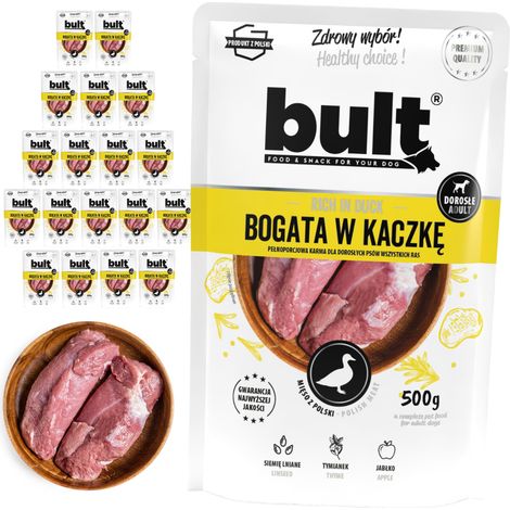 Alimento húmedo para perros BULT, sobre de pato, 20 x 500 g (1/2)