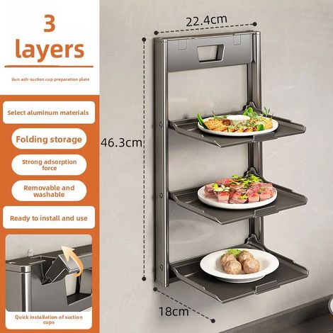 (Gris, trois niveaux - 1 pièce) Égouttoir mural à ventouses multi-niveaux pour la préparation de la vaisselle en cuisine - Étagère de rangement pliable pour un rangement facile (1/5)
