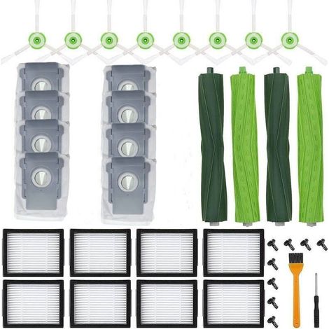 36 piezas de repuesto para aspiradoras robot iRobot Roomba i7 i7+ i3 i3+ i4 i4+ i5 i5+ i6 i6+ i8 i8+ E5 E6 E7, que incluyen 4 rodillos de goma, 8 filtros, 8 cepillos laterales, 8 aspiradoras y 8 bolsa (1/5)