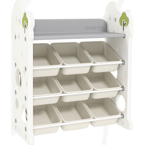 4-stöckiges Spielzeugregal mit 9 Fächern und seitlichem Haken, aus HDPE, 77 x 42 x 94 cm, cremeweiß