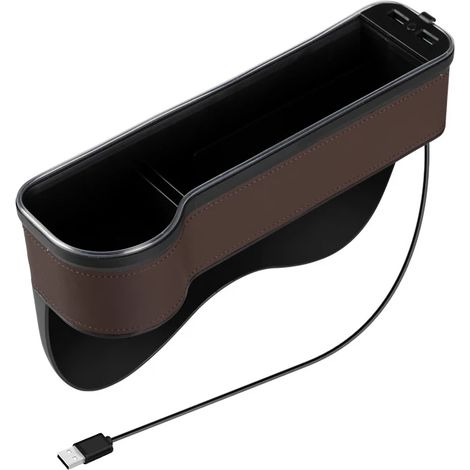 (Marron gauche 1 pièce) Organisateur de voiture avec LED colorées, combleur d'espace pour siège auto, double port USB de charge, boîte de rangement en PU avec porte-gobelet.
