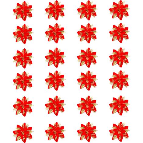 Fleurs Artificielles De Noël - Avec Paillettes Et Pinces - Pour Arbre De Noël Guirlande Boule Et Décoration Intérieure - Lot De 12 (1/5)