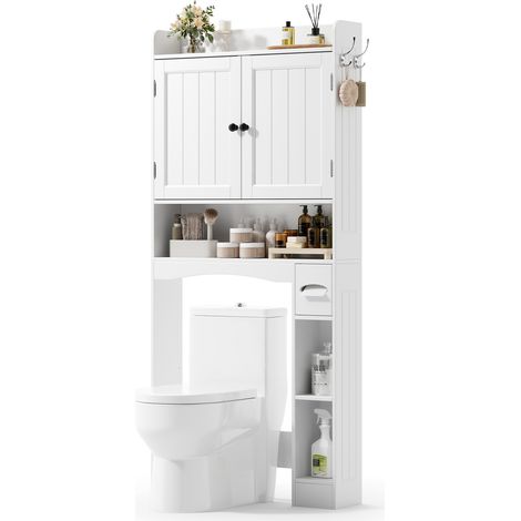 Waschmaschinen Schrank in Weiß Bealife WC-Regal mit 1 Verstellbaren Einlegeboden 2 Türen und 1 Offenen Ablagefach Geeignet für Badezimmer 82 x 20 x 179 cm (1/5)