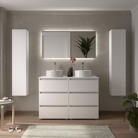 Meuble de salle de bain BEQUIA 3C 120cm Blanc mat Vasque à poser Porcelaine Centrale (1/5)