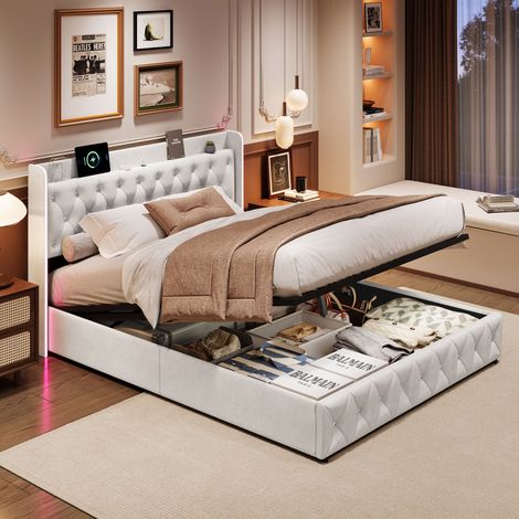 Lit coffre double adulte 140x200 cm avec rangement hydraulique, LED arc-en-ciel, ports USB, design capitonné (1/5)