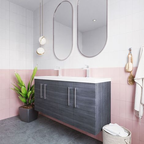 Nuie Arno Anthracite Woodgrain 1200mm Wall Hung 4 Door Vanity Unit and Double Polymarble Basins - ARN523C