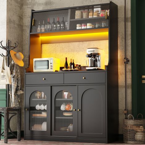 Buffet Haut 120×40×180cm MDF Noir Portes Vitrées Coulissantes LED Multicolores Pilotable APP Synchronisation Musique, 2 Tiroirs Tablettes Réglables (1/5)