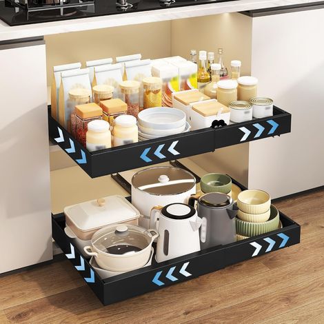 Set of 2 Kitchen Sliding Drawers, 32-53 x 43 x 7 cm, Black Sliding Drawer Organizers, No Drilling, Kitchen Cupboard Drawer Organizer, Adjustable Width (1/5)