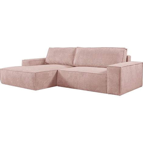 Vente-Unique – Canapé d'angle gauche convertible 4 places en velours côtelé rose poudré – Coffre de rangement – Dossier déhoussable – 267 cm (1/5)