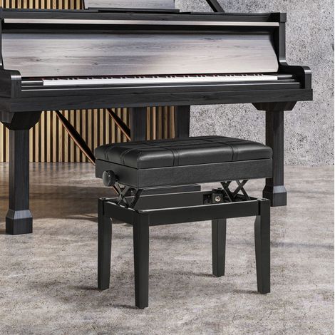 Sgabello per pianoforte regolabile con vano portaoggetti, seduta imbottita in similpelle, legno nero (1/5)