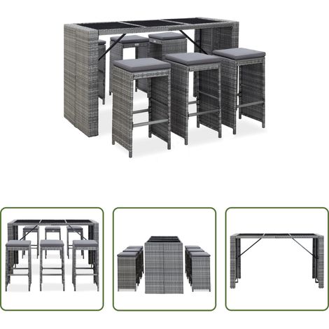 vidaXL Gartenbarhocker -  7-tlg. Gartenbar-Set mit Auflagen Poly Rattan Grau (1/5)