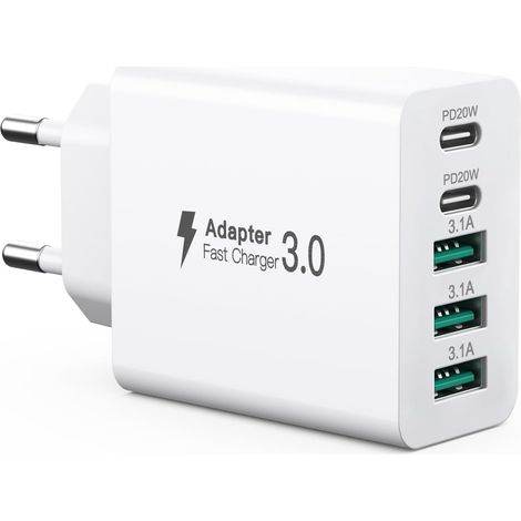 Chargeur USB C 50 W, 5 Ports Chargeur Multiple avec 【2 USB-C et 3 USB-A】 Bloc d'alimentation USB 50 W, Adaptateur Secteur Fast Charge PD 3.0 Compatible avec 12/13/14/15/Tablet (1/5)