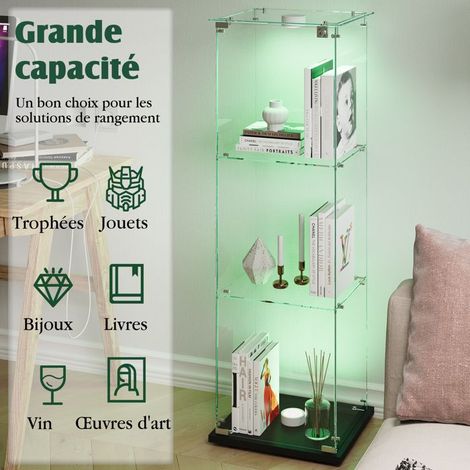 Glasvitrine - TANANT - Modell mit LED-Lichtern - 3 Regale - Sicherheitsglas - Schwarz 39.8x35x123cm