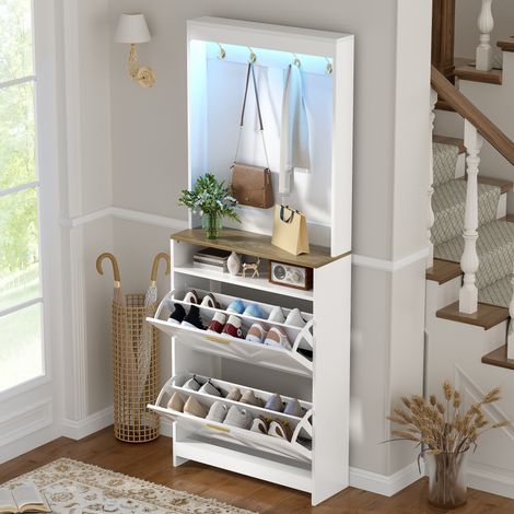 Zapatero estrecho con LED, 2 abatibles y ganchos 70 x 24 x 180 cm blanco natural (1/5)