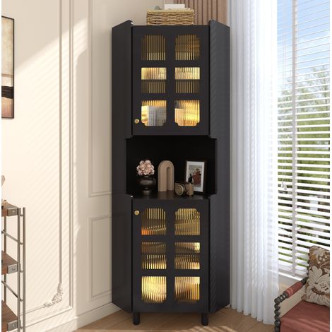 Mueble esquinero acristalado LED, acabado lacado negro, MDF, 63,5 x 157,5 cm, OKWISH (1/5)