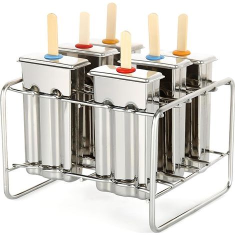 Eiswürfelformen aus Edelstahl, 6er-Set für Eismaschinen, Eiswürfelformen mit Ständer, wiederverwendbare Metall-Eiswürfelformen mit Stielen und Beuteln (flacher Kopf, mit Schlitz) (1/5)