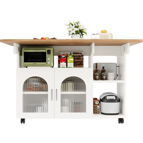 Îlot central de cuisine pliable blanc avec rangement, desserte de cuisine à roulettes, plateau extensible 120 x 70 cm (1/5)