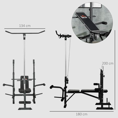 Banc de musculation avec presse à jambes, rack à squats et fonctions d'extension des jambes, en acier et PU, 180x134x200cm, noir et argent. (1/5)