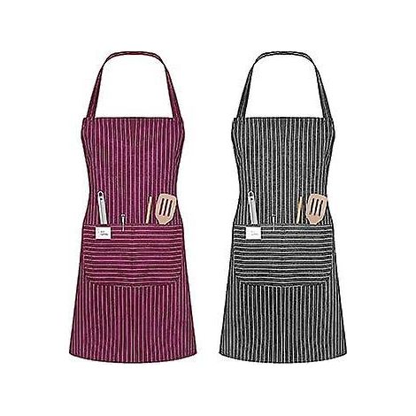 tablier De Femme Avec Poches, 2 Pices Ajustables Tablier De Chef En Coton Rayures Brunes Et Grises Pour La Cuisine, Les Grillades, La Ptisserie, (1/5)