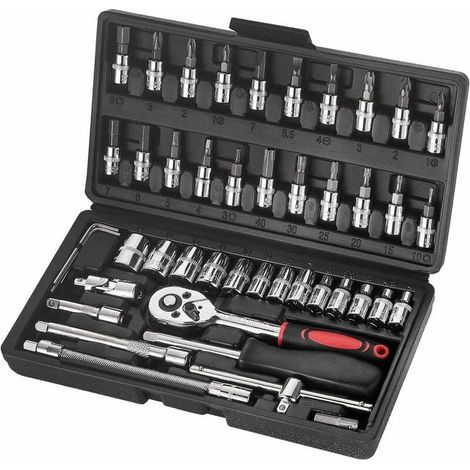 Kit de herramientas de 46 piezas, juego de herramientas para el hogar, manguitos, herramientas de reparación y bricolaje para el día a día, kit de herramientas negro