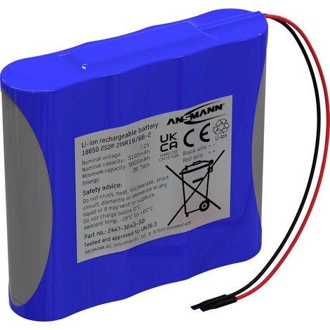 Ansmann 2S2P Pack de piles rechargeables 4x 18650 avec câble Li-Ion 7.2 V 5100 mAh