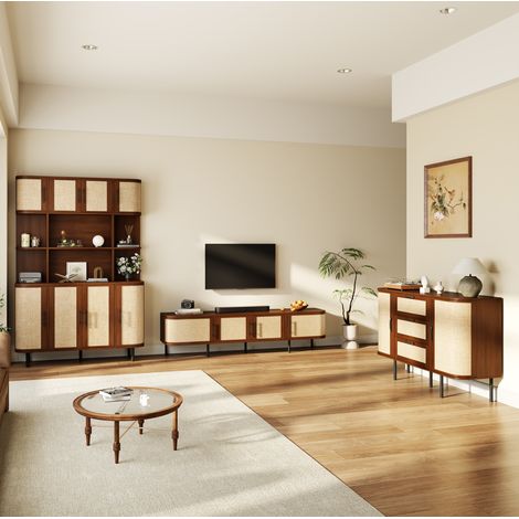 Set de muebles para salón y comedor (120x20x180 cm), con almacenaje, frente trenzado, MDF, nogal (1/5)