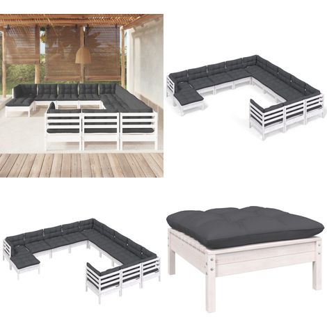12-tlg. Garten-Lounge-Set mit Kissen Weiß Kiefernholz - Garten Lounge Set - Kiefernholz Möbel - Outdoor Möbel - Loungemöbel - Gartengeräte - Home & Living
