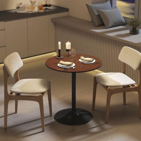 Table à manger ronde 70 cm 2 personnes placage bois massif piètement acier marron (1/5)