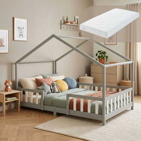 Letto per Cameretta Treviolo a Forma di Casetta in Stile Montessori con Materasso 140x200 cm - Grigio Chiaro/Bianco [en.casa] (1/5)