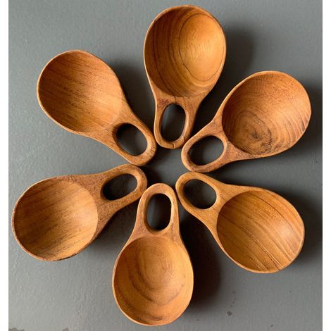 Lot de 6 Petites Pelles en Bois de Teck Moon Scoops, Mini Pelles de Cuisine 8 x 4,5 cm - PANGIVO (1/2)