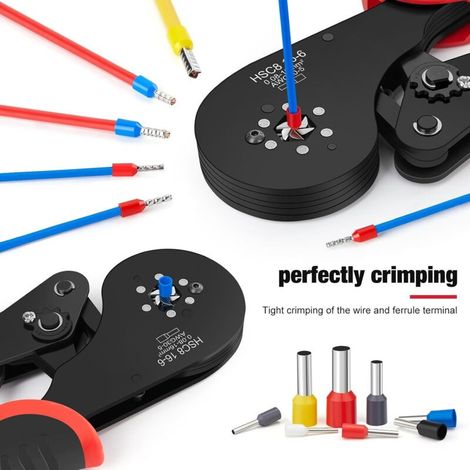 Pinza crimpatrice per terminali da 0,08 a 16 mm² – Lega di ferro-nichel resistente alla ruggine – Impugnatura ergonomica antiscivolo – 1800 matrici incluse (1/4)