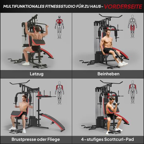 Multifunktionaler Trainingskomplex mit verstellbarem Gewichtsstapel von 65 kg, für das Heimtraining, Stahl, Kunstleder. (1/5)