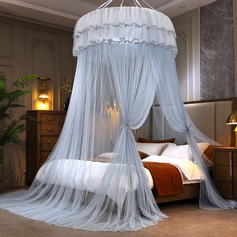 Moustiquaire Lit,Grande Moustiquaire pour Simple & Double,Ciel de Lit pour Adulte Fille Bebe Enfant,Facile à Installer, Gris-Bleu (1/5)