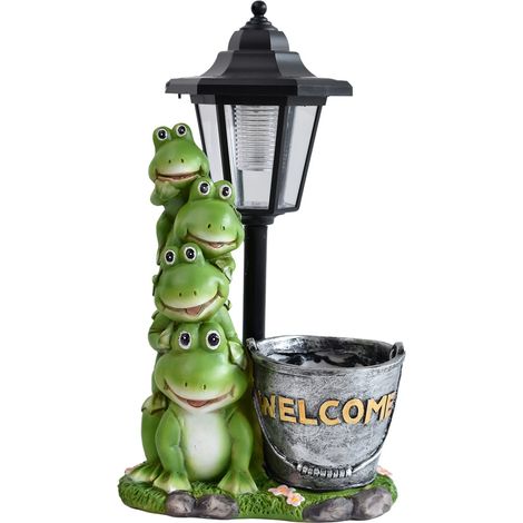 Statue de grenouille – Une sculpture de jardin en forme d'animal avec une lanterne solaire et un pot de fleurs. (1/5)